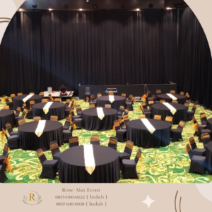 Sewa Tirai hitam Dan meja bulat tebar hitam Runner gold Area Bogor