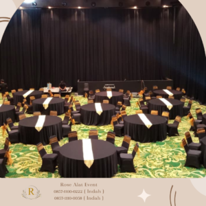 Sewa Tirai hitam Dan meja bulat tebar hitam Runner gold Area Bogor