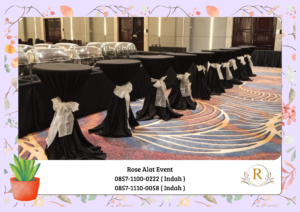 Rental Meja Barstool Cover Tebar Hitam Dan pita Jabodetabek