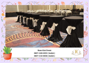 Rental Meja Barstool Cover Tebar Hitam Dan pita Jabodetabek