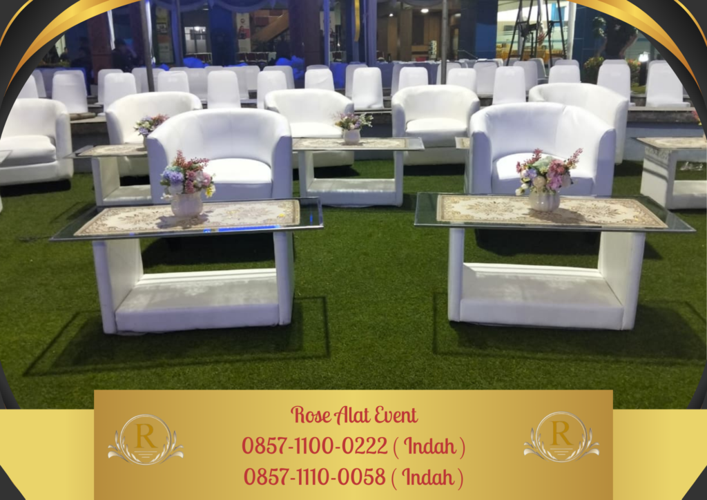 Sewa Meja Vip Kaca Dan Sofa Oval Putih Bekasi